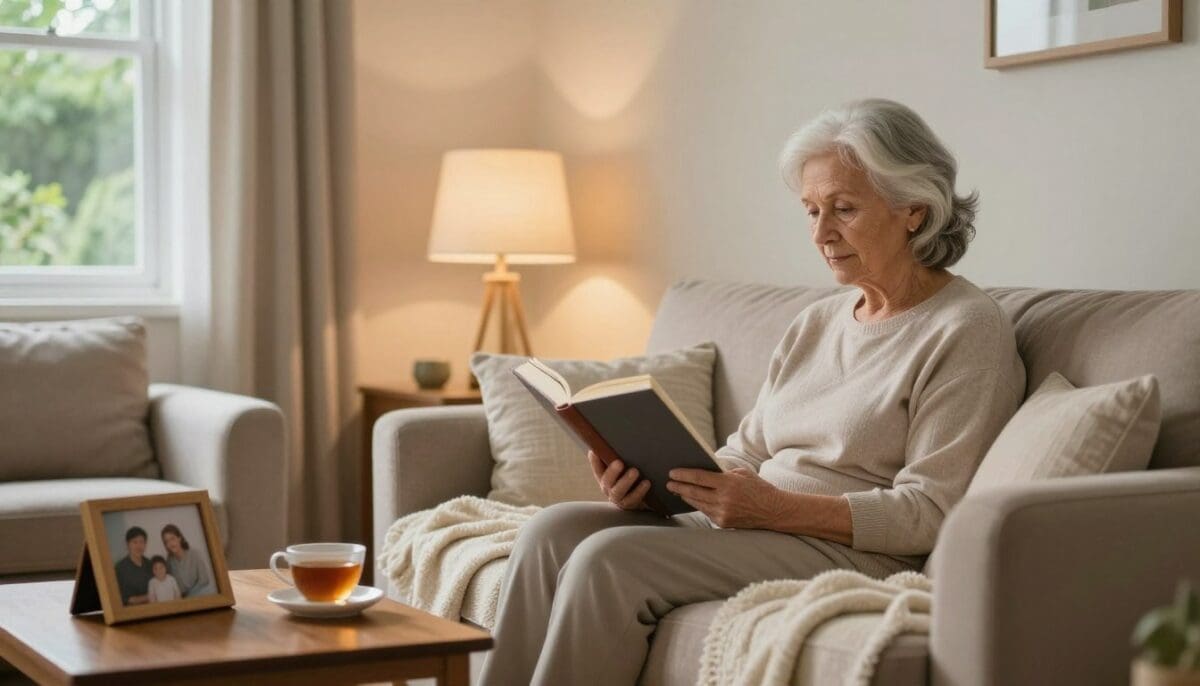 A serene and cozy living room, featuring a comfortable sofa draped with a soft blanket, where an elderly person sits contentedly, reading a book. The elderly person, a woman with silver hair styled neatly, is dressed in modest casual clothing, exuding a sense of comfort and peace. In the foreground, a small wooden coffee table holds a cup of tea and a framed family photo, symbolizing love and connection. In the middle, a warm lamp casts a gentle glow, enhancing the intimate atmosphere. In the background, soft curtains filter in natural light from a window, revealing a lush garden outside, creating an inviting and tranquil space. The overall mood is one of independence and comfort, highlighting the supportive environment of in-home care. A serene and cozy living room, featuring a comfortable sofa draped with a soft blanket, where an elderly person sits contentedly, reading a book. The elderly person, a woman with silver hair styled neatly, is dressed in modest casual clothing, exuding a sense of comfort and peace. In the foreground, a small wooden coffee table holds a cup of tea and a framed family photo, symbolizing love and connection. In the middle, a warm lamp casts a gentle glow, enhancing the intimate atmosphere. In the background, soft curtains filter in natural light from a window, revealing a lush garden outside, creating an inviting and tranquil space. The overall mood is one of independence and comfort, highlighting the supportive environment of in-home care.