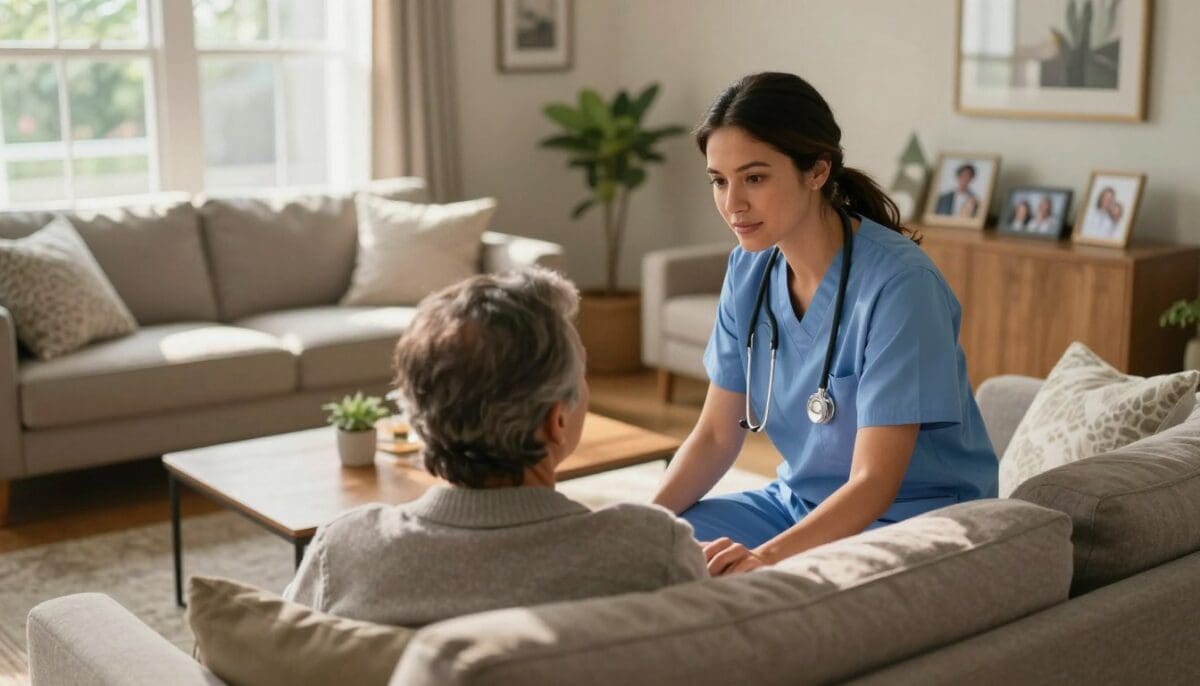 Serene home environment with caregiver and patient illustrating in-home post-surgical care and professional support in San Antonio.