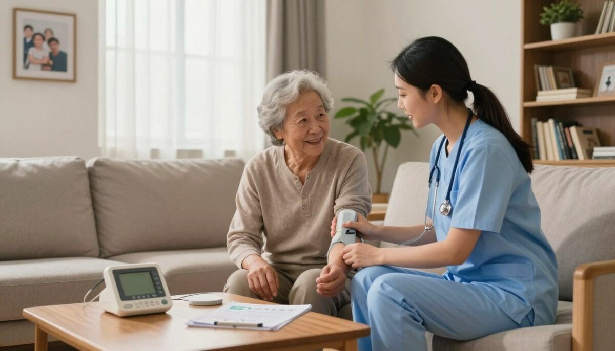 A serene and inviting home interior, depicting a caring home health nurse in professional attire providing assistance to an elderly patient sitting comfortably in a cozy living room. The foreground shows the nurse gently checking the patient’s vital signs with a digital monitor, emphasizing a compassionate connection. In the middle, a warm light filters through soft curtains, highlighting family photos on the walls and health-related materials on a coffee table, supporting the theme of care and support. The background features a well-kept indoor plant and a bookshelf filled with books, creating a peaceful atmosphere. The scene captures a sense of safety, warmth, and attentiveness, evoking a feeling of trust in home health services, with gentle, soft lighting to enhance the sense of comfort and care. A serene and inviting home interior, depicting a caring home health nurse in professional attire providing assistance to an elderly patient sitting comfortably in a cozy living room. The foreground shows the nurse gently checking the patient’s vital signs with a digital monitor, emphasizing a compassionate connection. In the middle, a warm light filters through soft curtains, highlighting family photos on the walls and health-related materials on a coffee table, supporting the theme of care and support. The background features a well-kept indoor plant and a bookshelf filled with books, creating a peaceful atmosphere. The scene captures a sense of safety, warmth, and attentiveness, evoking a feeling of trust in home health services, with gentle, soft lighting to enhance the sense of comfort and care.