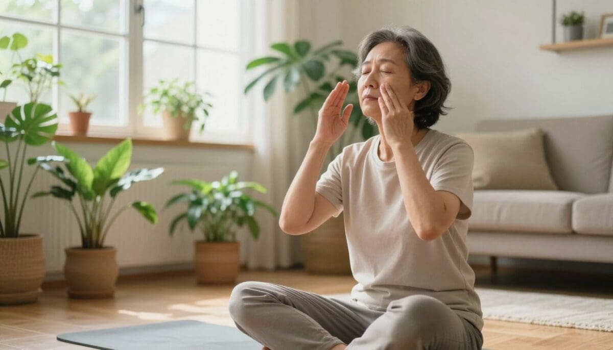 A serene and inviting indoor setting showcasing a middle-aged person practicing breathing techniques for managing COPD. The foreground features the individual, dressed in comfortable, modest casual clothing, seated on a yoga mat with a focused expression, demonstrating a deep breathing exercise. In the middle ground, soft, natural light floods through a window, highlighting an array of indoor plants that symbolize a healthy environment. In the background, a cozy living room with warm colors and minimalistic decor creates a peaceful atmosphere. The image captures a sense of calm and mindfulness, reflecting the importance of self-care in daily routines. The overall mood is uplifting and supportive, emphasizing the significance of breathing exercises in managing COPD effectively. A serene and inviting indoor setting showcasing a middle-aged person practicing breathing techniques for managing COPD. The foreground features the individual, dressed in comfortable, modest casual clothing, seated on a yoga mat with a focused expression, demonstrating a deep breathing exercise. In the middle ground, soft, natural light floods through a window, highlighting an array of indoor plants that symbolize a healthy environment. In the background, a cozy living room with warm colors and minimalistic decor creates a peaceful atmosphere. The image captures a sense of calm and mindfulness, reflecting the importance of self-care in daily routines. The overall mood is uplifting and supportive, emphasizing the significance of breathing exercises in managing COPD effectively.
