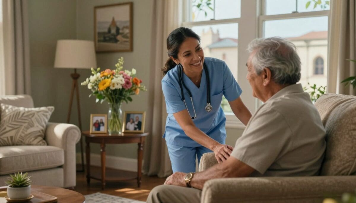A serene home care scene set in a cozy, inviting living room in San Antonio. In the foreground, a compassionate caregiver, a middle-aged Hispanic woman dressed in a professional light blue blouse and slacks, smiles warmly while assisting an elderly gentleman with gray hair, who is seated comfortably on a plush armchair. In the middle ground, a table with a vase of vibrant flowers and a family photo subtly reflects the essence of home. The soft afternoon light pours through a large window, casting gentle shadows and creating a welcoming atmosphere. In the background, a glimpse of San Antonio's distinctive architecture can be seen through the window, symbolizing the connection to the community. The mood is warm, caring, and uplifting, embodying dignified personal care delivered with heart.