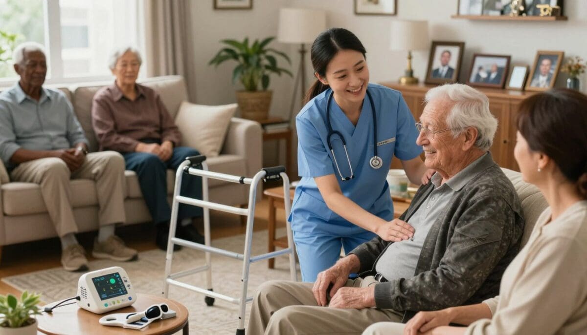 A serene home environment showcasing a diverse group of veterans receiving specialized home health care. In the foreground, a compassionate nurse in professional attire gently assists an elderly veteran, who is smiling and seated comfortably in a cozy, well-lit living room. In the middle, various support equipment like a walker and health monitoring devices are subtly incorporated to emphasize care without overwhelming the scene. In the background, a glimpse of personal mementos, such as military photos and decorations, reflects the veterans’ proud history. Soft, warm lighting creates a welcoming and supportive atmosphere, capturing the essence of care and respect for those who served. Use a slightly elevated angle to provide a comprehensive view, ensuring that the focus remains on the nurturing interaction in a safe, professional setting.