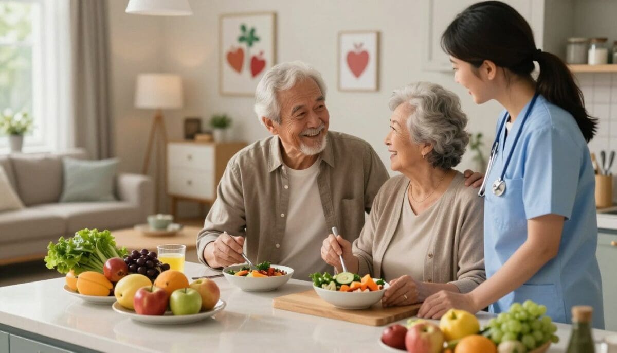 A serene home setting that conveys warmth and comfort, featuring an elderly couple in modest, casual attire engaged in a heart-healthy activity, such as preparing a nutritious meal together. In the foreground, a well-organized kitchen with fresh fruits and vegetables on the counter, emphasizing healthy eating. The middle ground captures the couple smiling at each other, demonstrating companionship and support, while a nurse in professional attire provides guidance on their heart care routine. In the background, a cozy living room with soft lighting and heart-health educational materials, creating an inviting atmosphere. The angle is slightly elevated to capture the couple's interaction, fostering a sense of connection and care. The mood is uplifting and hopeful, highlighting the benefits of a heart failure home care program.