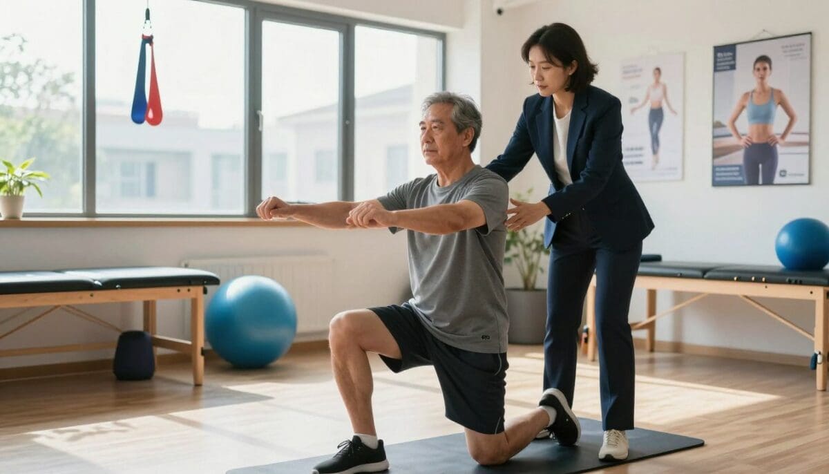A serene outpatient therapy room designed for joint replacement recovery, featuring a well-lit space with large windows letting in natural light. In the foreground, a middle-aged patient wearing comfortable athletic clothing is engaged in physical therapy exercises, guided by a professional therapist in smart business attire. In the middle, various rehabilitation equipment such as resistance bands, exercise mats, and a therapy ball are visible, emphasizing a supportive environment. In the background, motivational posters related to recovery and wellness adorn the walls, enhancing the positive atmosphere. The lens captures a slight angle, focusing on the patient&rsquo;s determination and the therapist&rsquo;s encouraging interaction, evoking a mood of hope, healing, and empowerment through collaboration.