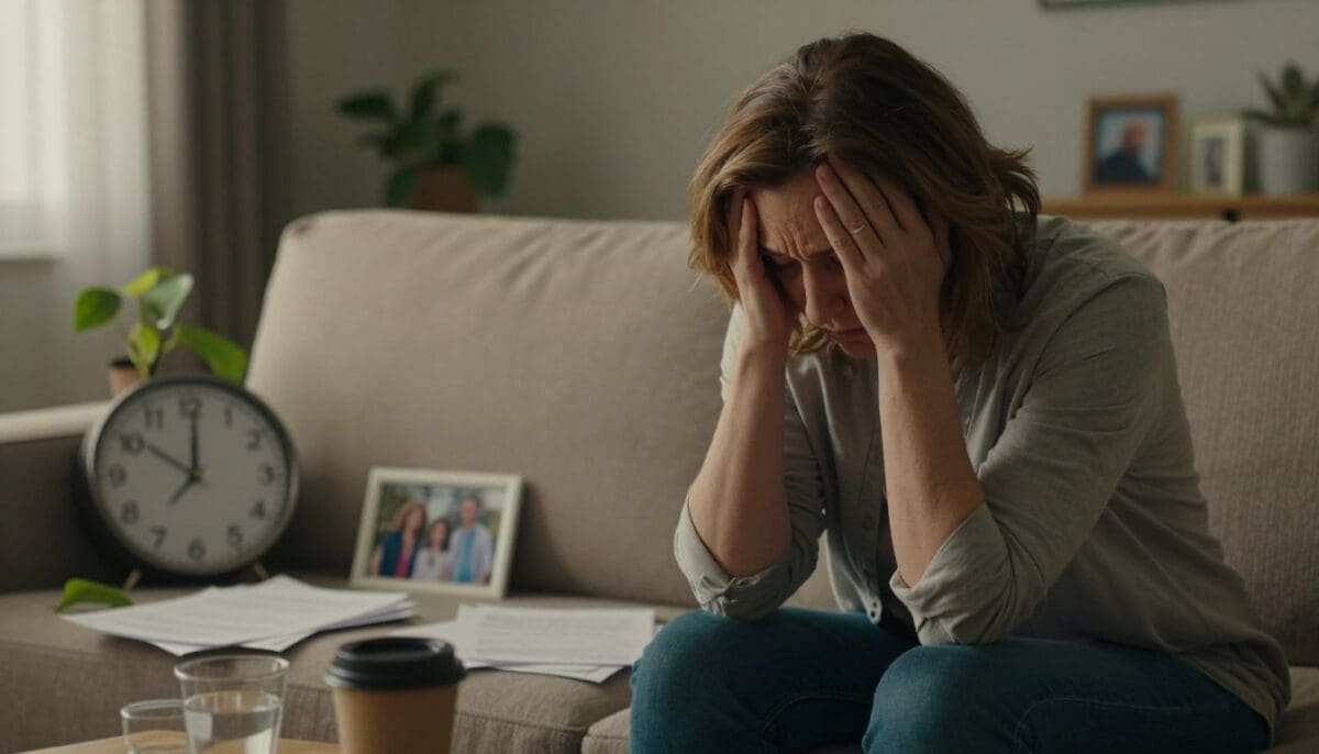 A serene yet poignant scene depicting the warning signs of caregiver stress. In the foreground, a caregiver, a middle-aged woman in modest casual clothing, sits on a couch, her expression reflecting exhaustion and concern. She holds her head in her hands, surrounded by empty coffee cups and scattered papers, symbolizing the weight of her responsibilities. In the middle ground, various symbolic elements, like a clock showing late hours, a plant drooping, and a family photo that seems distant, represent the emotional toll of caregiving. The background features a softly lit room, with warm but muted tones to evoke a sense of melancholy yet understanding. The atmosphere conveys the importance of recognizing caregiver stress in a subtle yet impactful way. A serene yet poignant scene depicting the warning signs of caregiver stress. In the foreground, a caregiver, a middle-aged woman in modest casual clothing, sits on a couch, her expression reflecting exhaustion and concern. She holds her head in her hands, surrounded by empty coffee cups and scattered papers, symbolizing the weight of her responsibilities. In the middle ground, various symbolic elements, like a clock showing late hours, a plant drooping, and a family photo that seems distant, represent the emotional toll of caregiving. The background features a softly lit room, with warm but muted tones to evoke a sense of melancholy yet understanding. The atmosphere conveys the importance of recognizing caregiver stress in a subtle yet impactful way.