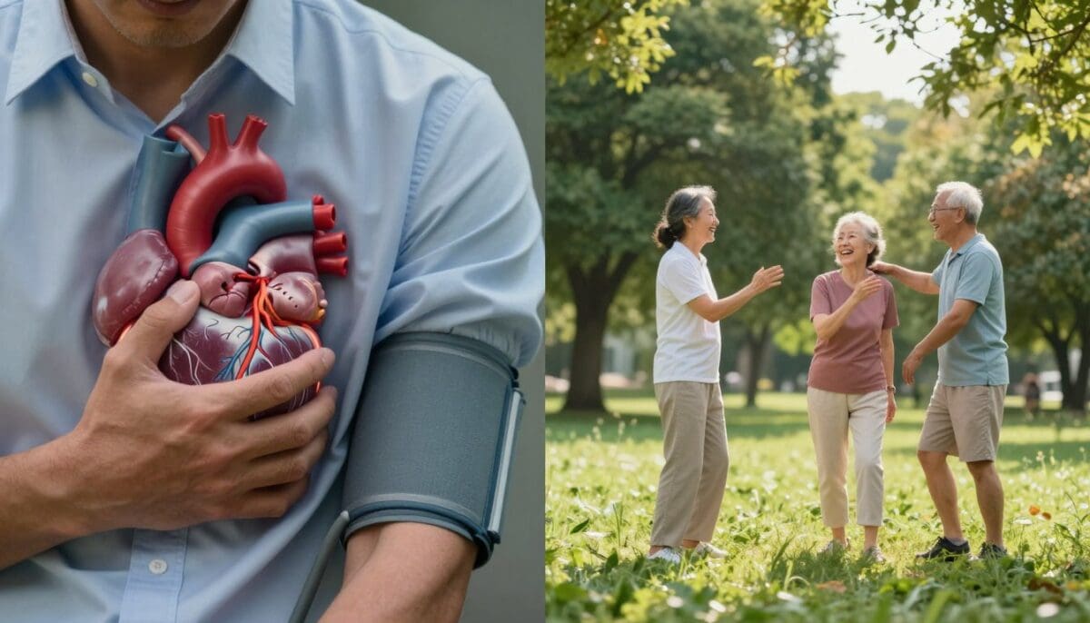 Split image illustrating hypertension risks: heart diagram and active seniors, emphasizing blood pressure monitoring and cardiovascular health.