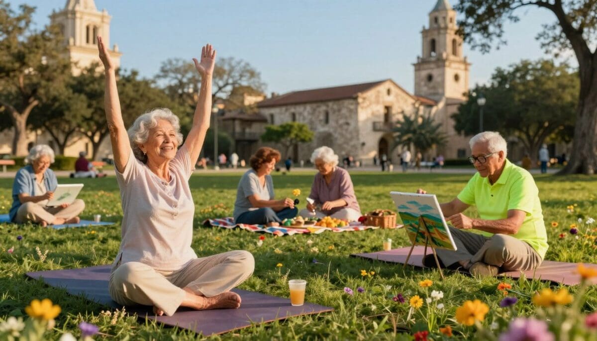 A vibrant, sunlit park in San Antonio during the golden hour, where a diverse group of seniors is engaging in various activities that symbolize independence. In the foreground, a joyful elderly woman with gray hair, dressed in a light pastel blouse and beige trousers, is practicing yoga on a mat. Nearby, an elderly man with glasses and a bright shirt is painting the landscape on a canvas. In the middle ground, a couple of friends are enjoying a picnic on a colorful blanket, surrounded by blooming wildflowers. The background features iconic San Antonio architecture, with a clear blue sky overhead. Soft, warm lighting enhances the scene's cheerful atmosphere, evoking a sense of freedom and camaraderie. The image captures the beauty of independence at any age in a wholesome, heartwarming manner.