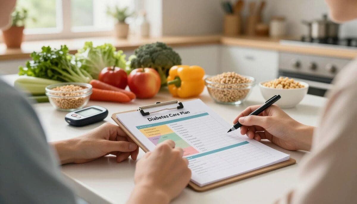 A vibrant, well-organized kitchen setting designed for diabetes management. In the foreground, a table displays a personalized diabetes care plan on a clipboard, featuring a colorful meal plan, exercise log, and medication schedule. A pair of hands, dressed in modest casual clothing, carefully examines the plan. In the middle ground, there are healthy food options like vegetables, fruits, and whole grains spaced out on the counter, accompanied by a digital glucometer and a blood glucose monitor. The background reveals a sunlit window with potted plants, creating a warm atmosphere that promotes wellness and confidence. Soft, natural lighting enhances the scene, giving it a reassuring and inspirational mood, captured with a slightly angled lens for depth.