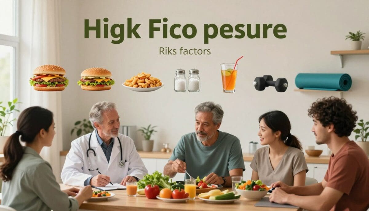 Infographic illustrating high blood pressure risk factors: diet, obesity, exercise, and age.