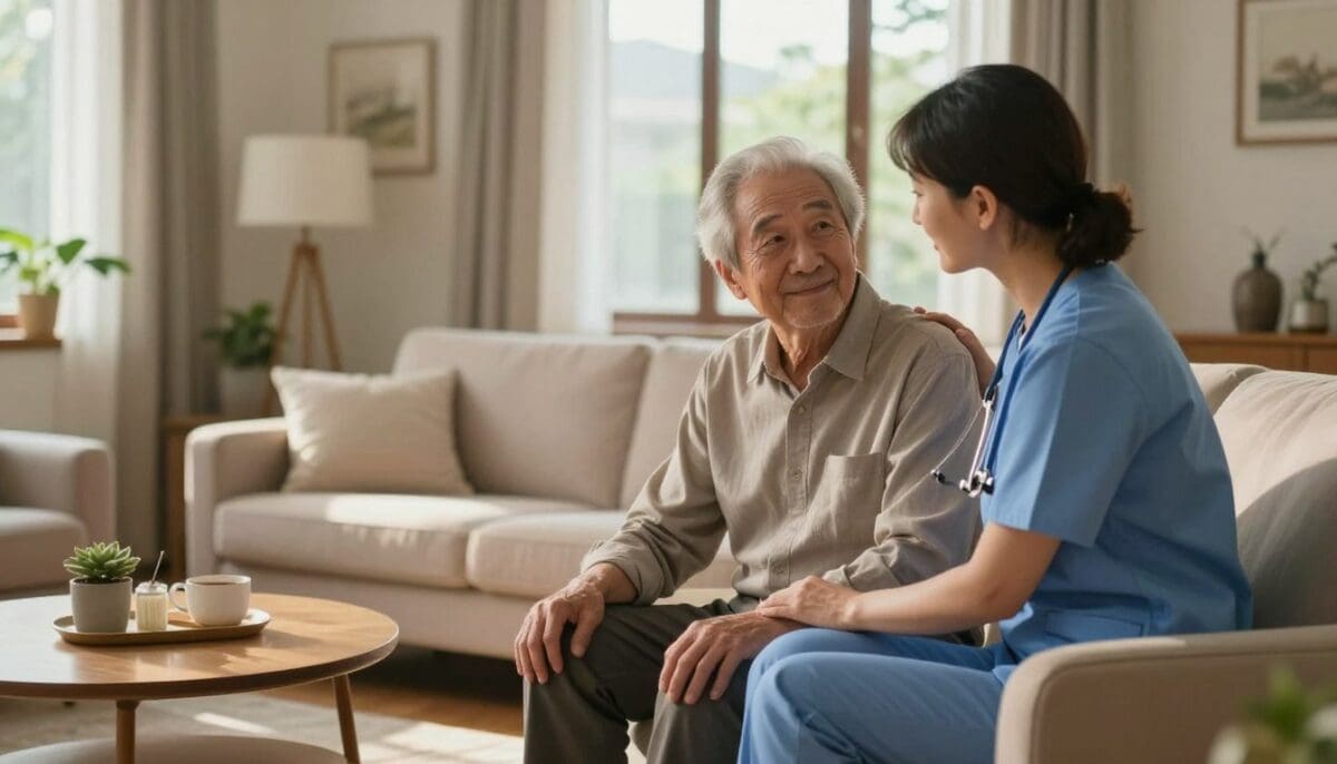 A warm and caring scene showing a healthcare professional in modest, professional attire providing home care support to an elderly loved one. In the foreground, the caregiver, a middle-aged woman with a compassionate expression, gently assists the elderly man sitting comfortably in a well-lit, cozy living room. The man, with a serene smile, is dressed in casual, comfortable clothing. In the middle, a soft, inviting armchair and a coffee table with a few personal items create a homely atmosphere. In the background, large windows allow natural light to stream in, illuminating the room and casting soft shadows, enhancing the feeling of safety and warmth. The overall mood is serene, emphasizing trust and compassion in the home care experience.