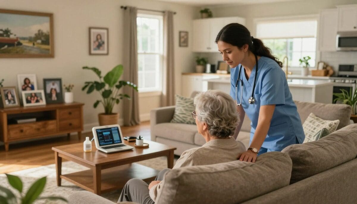 A warm and inviting San Antonio home health setting. In the foreground, depict a caring health professional in modest casual attire, gently assisting an elderly person sitting comfortably on a cozy couch, showcasing compassion and dedication. In the middle ground, a well-lit, open living room filled with greenery and personal touches, such as family photos and health care equipment, adding a personal atmosphere. The background reveals a bright kitchen area with sunlight streaming through large windows, enhancing the sense of warmth and accessibility. Use soft, natural lighting to create a serene and nurturing mood, ensuring the room feels welcoming and supportive. Capture this scene from a slightly elevated angle to encompass the sense of home and care, with a focus on creating a positive, uplifting atmosphere.