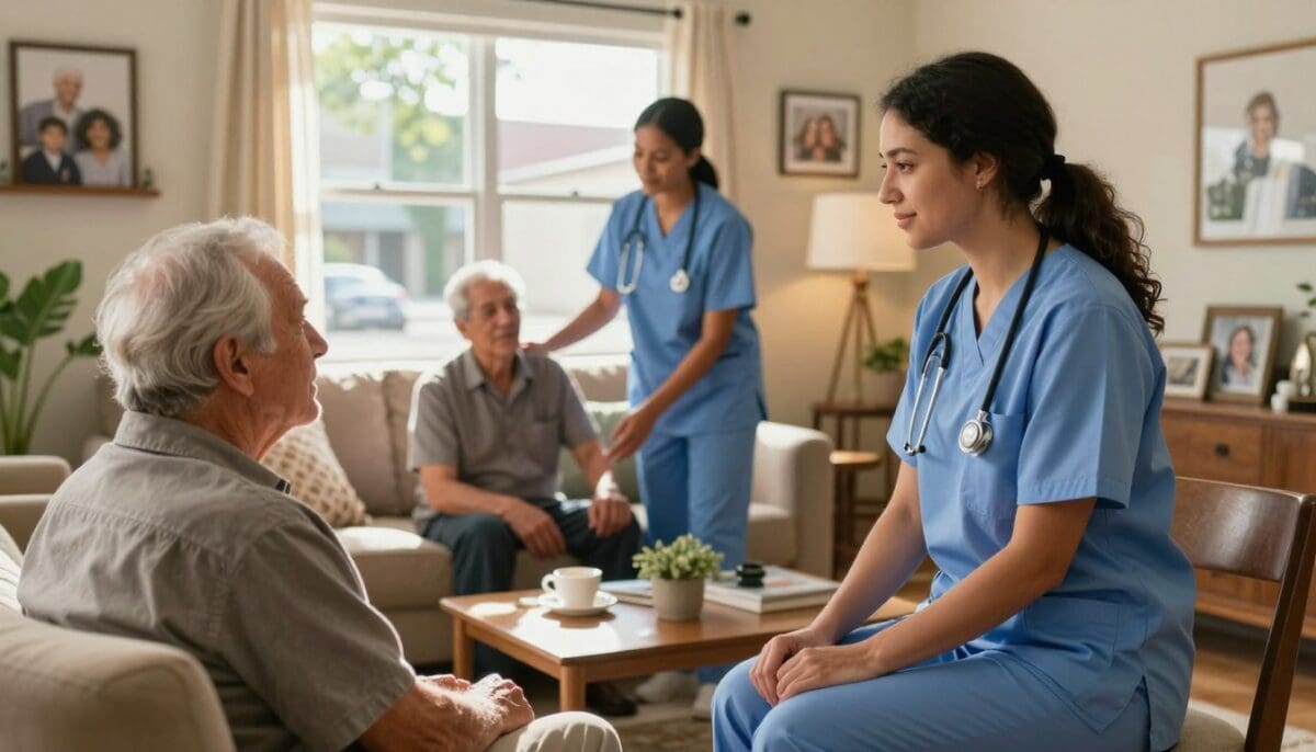 A warm and inviting home care service setting in San Antonio, showcasing a diverse team of healthcare professionals. In the foreground, a caring nurse in professional business attire is gently interacting with an elderly gentleman in a cozy living room, filled with natural light streaming in through large windows. In the middle ground, a supportive caregiver assists another patient in a peaceful, well-decorated space, adorned with framed family photos and plants. The background features a view of a sunny San Antonio street through the window, with soft, warm lighting that creates a nurturing atmosphere. Use a slight depth of field to emphasize the compassionate interactions, capturing a sense of community and care.