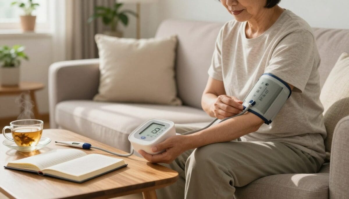 A warm and inviting home environment showcasing a middle-aged individual in modest casual clothing, sitting comfortably in a well-lit living room. The person is using a digital blood pressure monitor on their arm, focused on the device as it displays vital statistics. In the foreground, a small wooden table holds health tracking journals, a digital thermometer, and a cup of herbal tea, emphasizing a heart-healthy lifestyle. The background features a cozy sofa with soft cushions and houseplants that create a calming atmosphere. Natural light streams through a window, casting soft shadows and enhancing the tranquil mood of daily health monitoring at home. The image conveys a sense of care, responsibility, and comfort.
