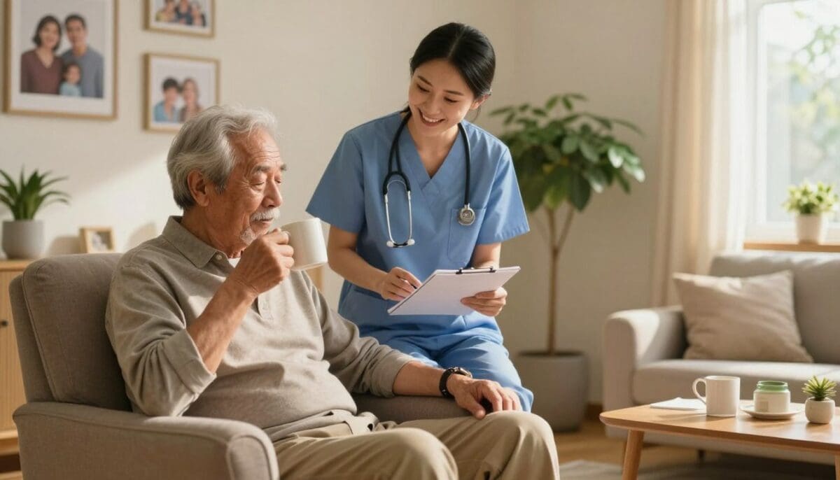 Senior recovering from surgery with home health nurse providing care in a comfortable home environment.