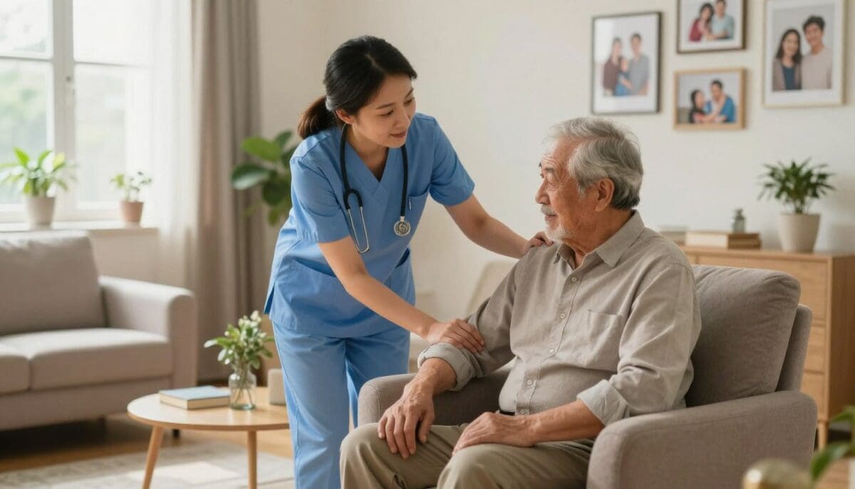 A warm and inviting home health care scene depicting a caring caregiver assisting an elderly patient in a cozy living room. In the foreground, the caregiver, a middle-aged woman wearing professional business attire, gently helps the patient, an elderly man in modest casual clothing, as they sit together in comfortable armchairs. The middle ground features a well-decorated living space with plants and family photos on the walls, conveying a sense of warmth and familiarity. In the background, soft natural light pours in through a window, illuminating the space and enhancing the feeling of comfort and trust. The overall atmosphere is serene and compassionate, emphasizing the importance of home health care services as an extension of care for seniors. A warm and inviting home health care scene depicting a caring caregiver assisting an elderly patient in a cozy living room. In the foreground, the caregiver, a middle-aged woman wearing professional business attire, gently helps the patient, an elderly man in modest casual clothing, as they sit together in comfortable armchairs. The middle ground features a well-decorated living space with plants and family photos on the walls, conveying a sense of warmth and familiarity. In the background, soft natural light pours in through a window, illuminating the space and enhancing the feeling of comfort and trust. The overall atmosphere is serene and compassionate, emphasizing the importance of home health care services as an extension of care for seniors.