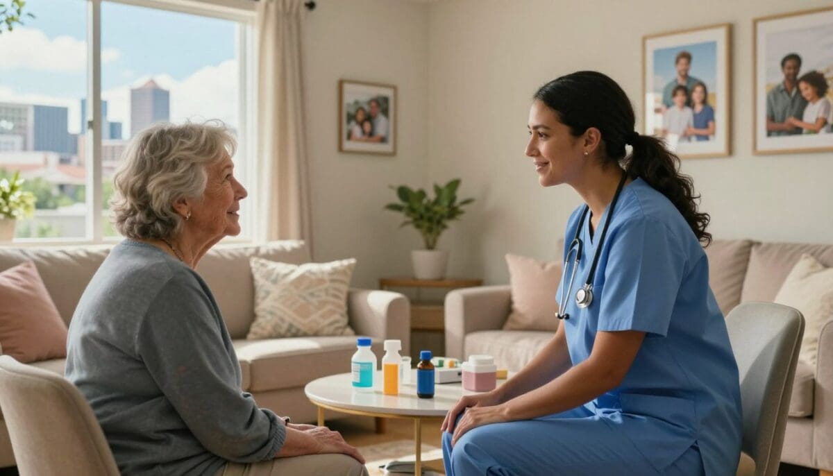 A warm and inviting home health care scene in San Antonio, Texas. In the foreground, a caring, professional healthcare worker, dressed in smart casual attire, is engaged with an elderly patient, who appears comfortable and content in their cozy living room. The middle ground features a well-organized space with soft pastel colors, a few family photos on the walls, and medical supplies neatly arranged on a side table. In the background, through a window, the signature Texas skyline can be seen, under a beautiful, sunny sky. The lighting is bright and natural, creating an optimistic and caring atmosphere. The composition focuses on the interaction between the caregiver and the patient, evoking a sense of trust and community in home health care. A warm and inviting home health care scene in San Antonio, Texas. In the foreground, a caring, professional healthcare worker, dressed in smart casual attire, is engaged with an elderly patient, who appears comfortable and content in their cozy living room. The middle ground features a well-organized space with soft pastel colors, a few family photos on the walls, and medical supplies neatly arranged on a side table. In the background, through a window, the signature Texas skyline can be seen, under a beautiful, sunny sky. The lighting is bright and natural, creating an optimistic and caring atmosphere. The composition focuses on the interaction between the caregiver and the patient, evoking a sense of trust and community in home health care.