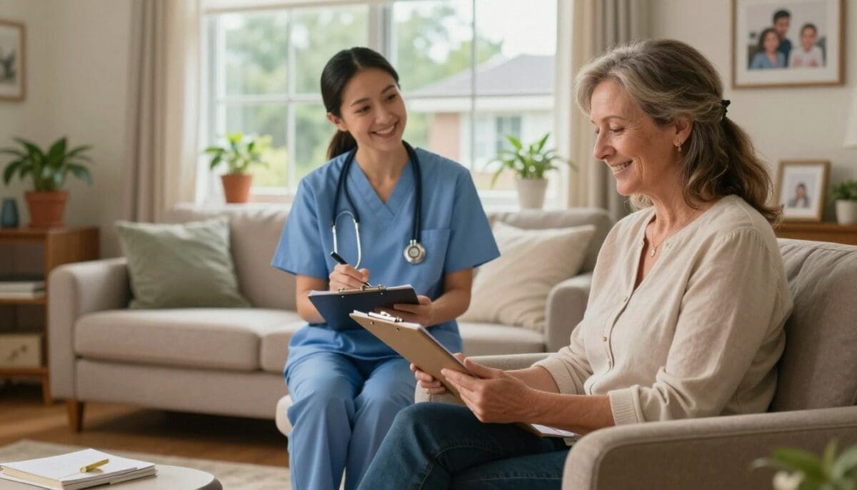 A warm and inviting home health care scene, set in a cozy living room. In the foreground, a middle-aged woman, dressed in smart casual attire, is seated comfortably in an armchair with a welcoming smile, holding a clipboard, symbolizing qualification and assessment. The middle ground features a friendly home health nurse in professional attire, taking notes while discussing care options with the woman, highlighting the supportive atmosphere of personal care. In the background, soft natural light filters through a large window, showcasing a peaceful suburban setting with potted plants and family photos, enhancing the sense of home and comfort. The overall mood is caring and informative, capturing the essence of home health care qualifications.