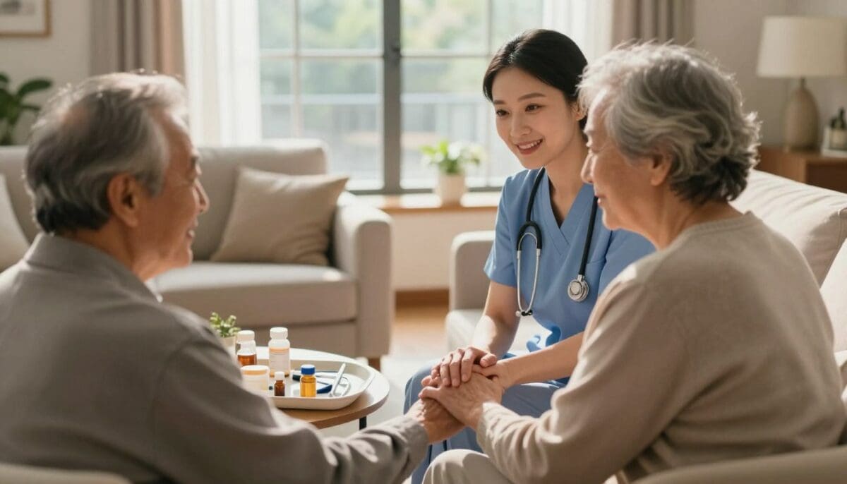 A warm and inviting home health care setting. In the foreground, a compassionate caregiver in professional business attire assists an elderly patient in a cozy living room, surrounded by comfortable furniture and soft lighting. The caregiver gently holds the patient&rsquo;s hand, providing a sense of comfort and support. In the middle ground, a well-organized tray with medication and health care tools is placed on a side table, symbolizing organized care. In the background, a large window allows natural sunlight to flood the room, creating a serene atmosphere with subtle greenery visible outside. The overall mood is one of trust, professionalism, and warmth, reflecting the essence of Medicare-covered home health services. Use a soft focus lens effect to enhance the calming ambiance.