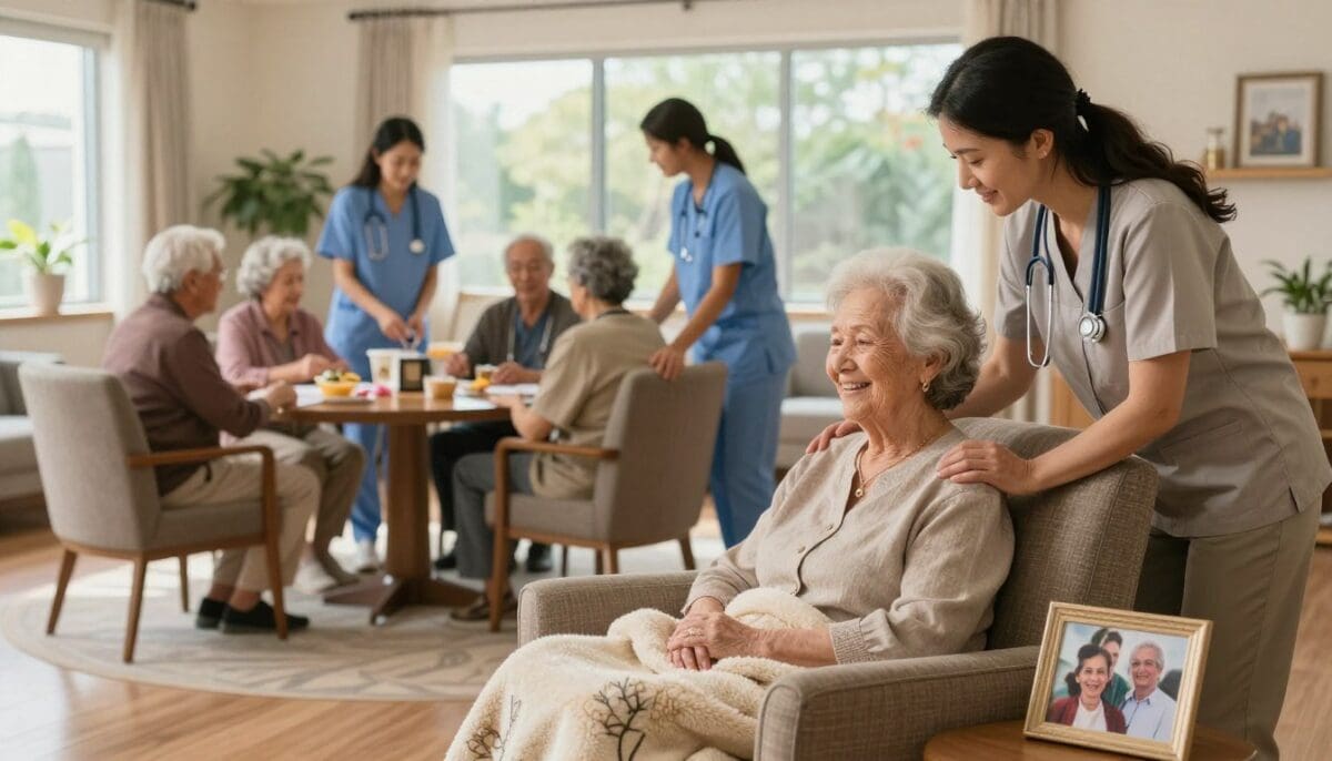 A warm and inviting interior of a memory care facility, showcasing a heartwarming scene of professional caregivers providing compassionate support to elderly residents. In the foreground, a caregiver in modest casual clothing gently assists a smiling older woman in a cozy armchair, surrounded by soft blankets and family photos that evoke nostalgia. In the middle ground, a group of diverse caregivers engage with residents in stimulating activities, fostering interaction and independence. The background features large windows allowing natural light to fill the room, casting a soft glow that enhances the comforting atmosphere. The color palette consists of warm earth tones, promoting a sense of security and well-being. The scene captures a serene and dignified environment, emphasizing compassion and personalized care.