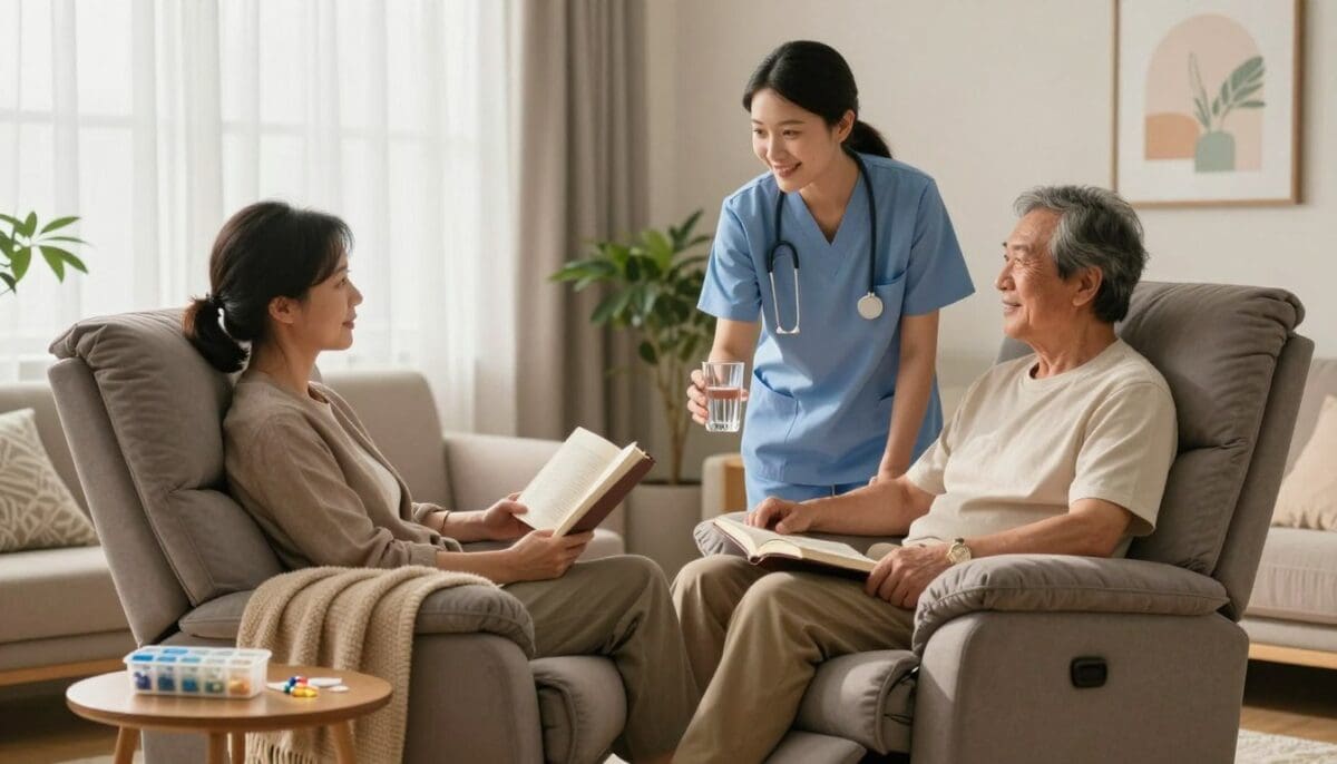 Warm living room scene with caregiver assisting patient and family during post-surgical recovery in San Antonio.