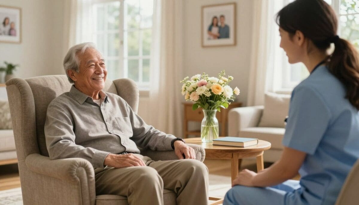 A warm and inviting living room scene showcasing the concept of in-home care services. In the foreground, an elderly man in a cozy armchair, dressed in comfortable, modest clothing, is smiling as he interacts with a professional caregiver, a woman in smart casual attire. In the middle ground, a small wooden table beside them holds a vase of fresh flowers and a book. The background features soft natural lighting streaming through a large window, illuminating family photos on the wall, suggesting a loving and supportive environment. The atmosphere is uplifting and peaceful, emphasizing dignity and independence at any age. Use a soft focus to create a welcoming and heartwarming mood.