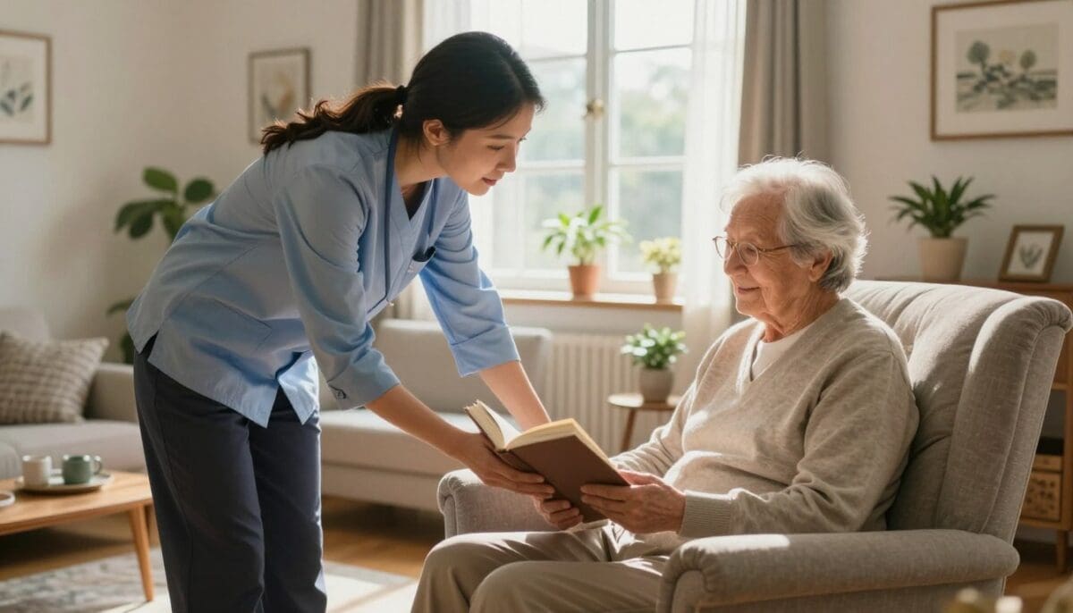 A warm and inviting scene depicting a caregiver assisting a senior citizen in their cozy living room, emphasizing a sense of independence and comfort. In the foreground, the caregiver, dressed in professional business attire, gently guides the elderly person, who is seated in a comfortable armchair, reading a book. The middle ground features a well-lit room adorned with personal mementos, plants, and soft fabrics that contribute to a homely atmosphere. In the background, a large window lets in natural sunlight, creating a bright and hopeful ambiance. Use soft, diffused lighting to enhance the warmth of the scene, captured from a slightly elevated angle to provide a comprehensive view of the interaction, underscoring the idea of support and independence.
