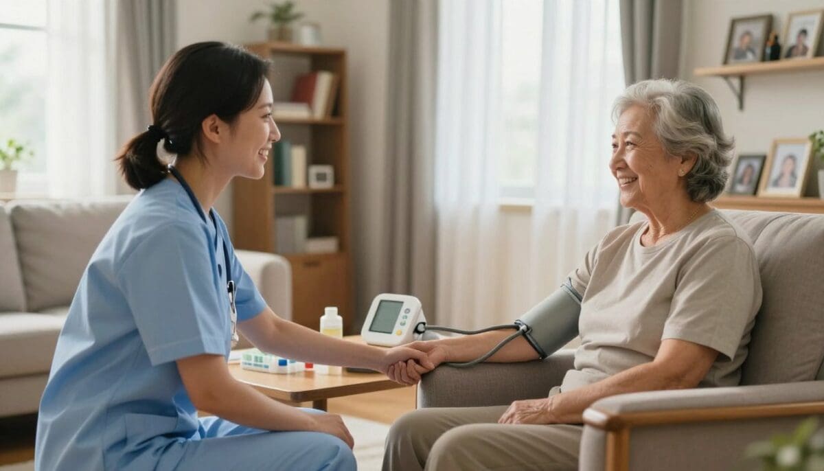 A warm and inviting scene depicting a healthcare professional in a cozy living room, symbolizing chronic care at home. In the foreground, a nurse in professional attire is gently assisting an elderly patient sitting comfortably in an armchair, showcasing a caring interaction. The middle ground features a small coffee table with health monitoring devices like a blood pressure cuff and a medication organizer. In the background, soft natural light filters through a window adorned with sheer curtains, illuminating shelves filled with health books and personal photos that evoke a sense of comfort. The mood is uplifting and nurturing, emphasizing support and safety in the home healthcare environment.