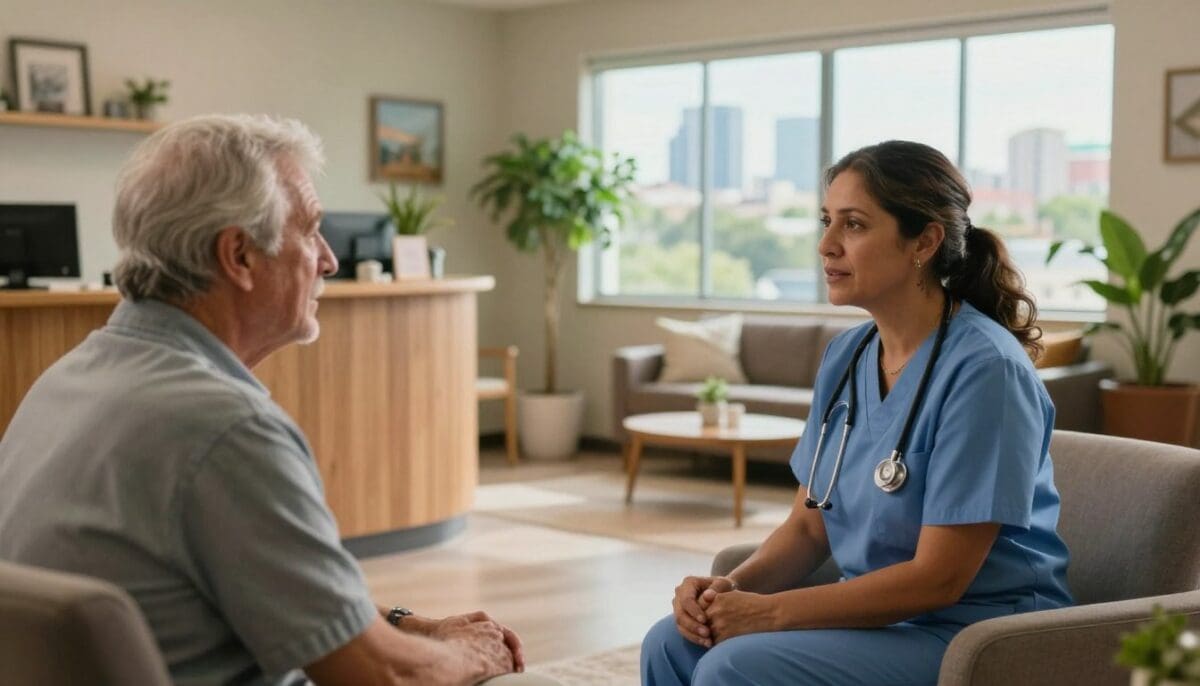 A warm and inviting scene depicting a home health agency office in San Antonio. In the foreground, a compassionate healthcare professional, a middle-aged Hispanic woman in professional attire, is engaged in conversation with an elderly client, a Caucasian man dressed in casual yet neat clothing. In the middle ground, an organized reception area features welcoming decor with plants and comfortable seating. Background includes a large window showcasing a sunny San Antonio skyline, enhancing the feeling of openness. Soft, natural lighting illuminates the room, creating a friendly atmosphere that conveys trust and care. The focus is on both the interaction and the welcoming environment, emphasizing the importance of choosing the right home health agency. A warm and inviting scene depicting a home health agency office in San Antonio. In the foreground, a compassionate healthcare professional, a middle-aged Hispanic woman in professional attire, is engaged in conversation with an elderly client, a Caucasian man dressed in casual yet neat clothing. In the middle ground, an organized reception area features welcoming decor with plants and comfortable seating. Background includes a large window showcasing a sunny San Antonio skyline, enhancing the feeling of openness. Soft, natural lighting illuminates the room, creating a friendly atmosphere that conveys trust and care. The focus is on both the interaction and the welcoming environment, emphasizing the importance of choosing the right home health agency.