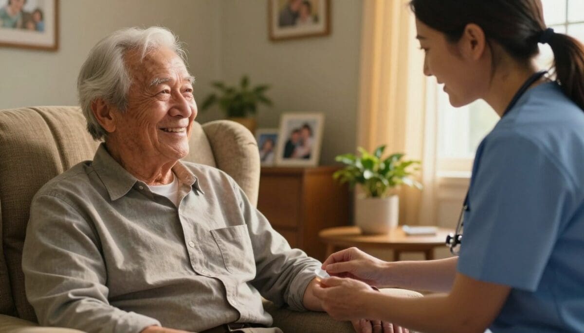 A warm and inviting scene depicting a veteran receiving home care services. In the foreground, an elderly veteran with silver hair and a warm smile is seated in a comfortable armchair, wearing modest casual clothing. A compassionate home health care worker, dressed in professional attire, is gently assisting him, perhaps checking his medication or providing friendly conversation. In the middle ground, a cozy living room is visible, featuring soft lighting from a nearby window that casts a golden glow, enhancing the welcoming atmosphere. Background elements like family photographs and plants add a personal touch, emphasizing a homely feel. Use a close-up angle to capture the interaction, fostering a sense of connection and care between the two subjects. The mood is warm, respectful, and supportive, reflecting the importance of home health care services for veterans.