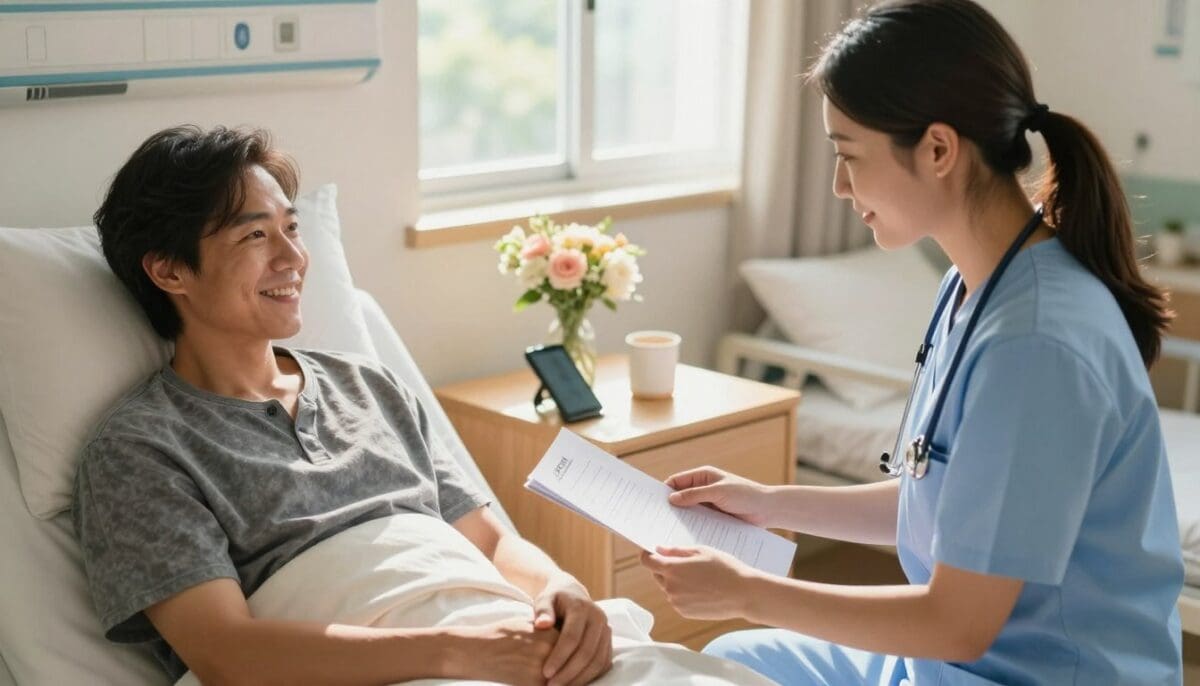 A warm, inviting hospital room represents the theme of preparing for discharge. In the foreground, a nurse in professional attire, gently reviewing discharge papers with a smiling patient in modest casual clothing. The patient looks relieved and hopeful, symbolizing a positive transition. In the middle, a bedside table displays personal items like a phone and a small bouquet of flowers, enhancing the home-like atmosphere. In the background, sunlight streams through a window, casting soft, natural light that creates a sense of warmth and optimism. The scene conveys a supportive and caring environment, promoting a smooth transition from hospital to home. The angle is slightly elevated, providing a comprehensive view of the interaction and surroundings, emphasizing a feeling of safety and comfort.