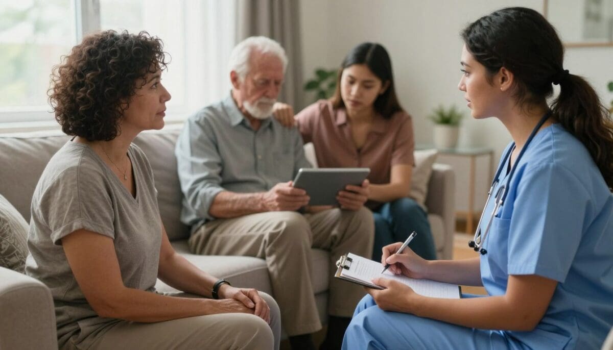 A warm, inviting living room scene depicting a diverse group of individuals receiving chronic care at home. In the foreground, a middle-aged woman with curly hair in modest casual attire is sitting on a comfortable couch, engaging in conversation with a professional caregiver, who is attentively taking notes on a clipboard. The caregiver is dressed in neat scrubs, exuding a sense of compassion and professionalism. In the middle ground, a senior gentleman is using a tablet with the assistance of a young adult family member, demonstrating a supportive family environment. The background features soft natural lighting coming from a window with light curtains, creating a cozy atmosphere. The overall mood is one of comfort, care, and community, emphasizing the importance of home-based care for chronic conditions.
