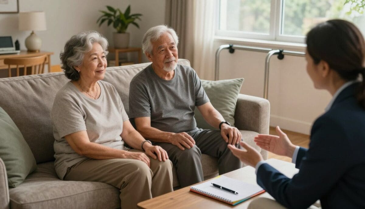 A warm, inviting living room scene focusing on elderly safety, featuring a senior man and woman dressed in modest casual clothing, engaged in a discussion about fall prevention. In the foreground, a table with a colorful notepad and a pen, symbolizing the scheduling of a medical assessment. The middle ground features the couple, sitting comfortably on a plush couch, attentively listening to a healthcare professional who is dressed in professional business attire, explaining fall prevention measures. The background shows well-placed safety equipment like grab bars and non-slip mats in a cozy home environment. Soft, natural light filters through a nearby window, creating a calm and reassuring atmosphere, emphasizing warmth and connection. The angle should be slightly elevated, capturing the conversation and the safety aids effectively.