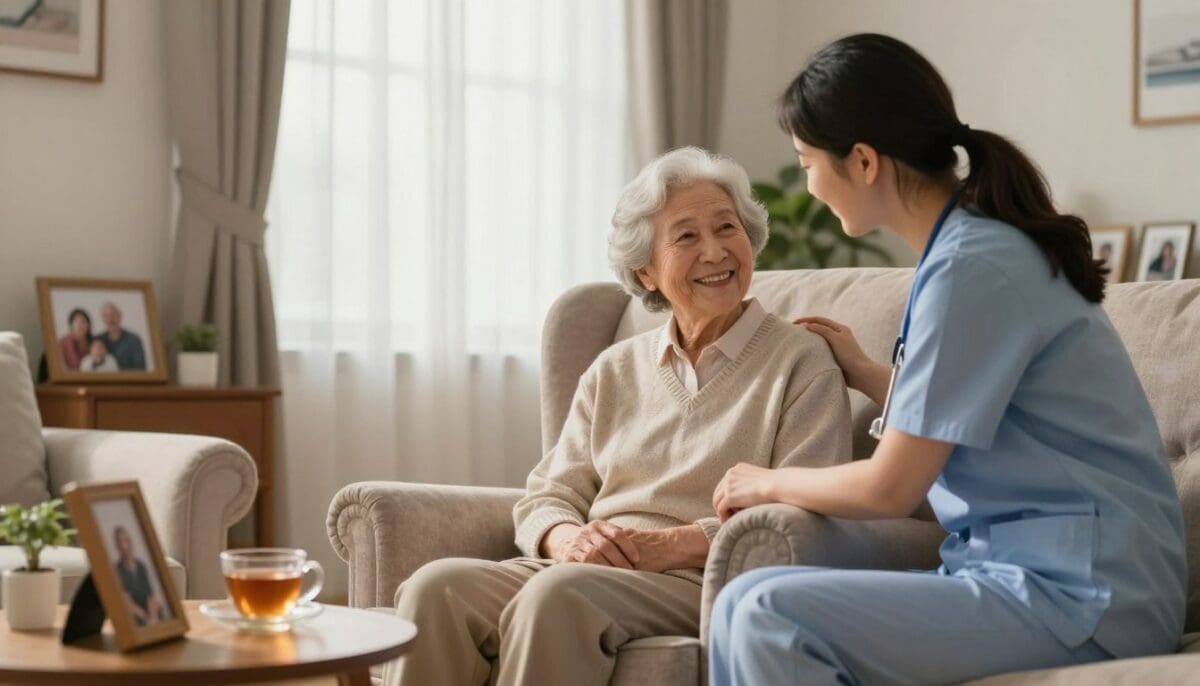 A warm, inviting living room scene, where an elderly loved one, dressed in cozy, comfortable clothing, sits in a plush armchair, smiling. A professional caregiver, wearing modest, professional attire, gently assists with a task, showcasing a caring interaction. In the foreground, a small table holds personal items like a photo frame and a cup of tea. The middle background features soft natural lighting filtering through sheer curtains, creating an atmosphere of comfort and support. A glimpse of family photographs and houseplants adds a personal touch. The angle is slightly tilted to capture both the caregivers and the recipient, conveying a sense of connection and trust. The mood is heartwarming and reassuring, emphasizing the importance of in-home care services for families. A warm, inviting living room scene, where an elderly loved one, dressed in cozy, comfortable clothing, sits in a plush armchair, smiling. A professional caregiver, wearing modest, professional attire, gently assists with a task, showcasing a caring interaction. In the foreground, a small table holds personal items like a photo frame and a cup of tea. The middle background features soft natural lighting filtering through sheer curtains, creating an atmosphere of comfort and support. A glimpse of family photographs and houseplants adds a personal touch. The angle is slightly tilted to capture both the caregivers and the recipient, conveying a sense of connection and trust. The mood is heartwarming and reassuring, emphasizing the importance of in-home care services for families.