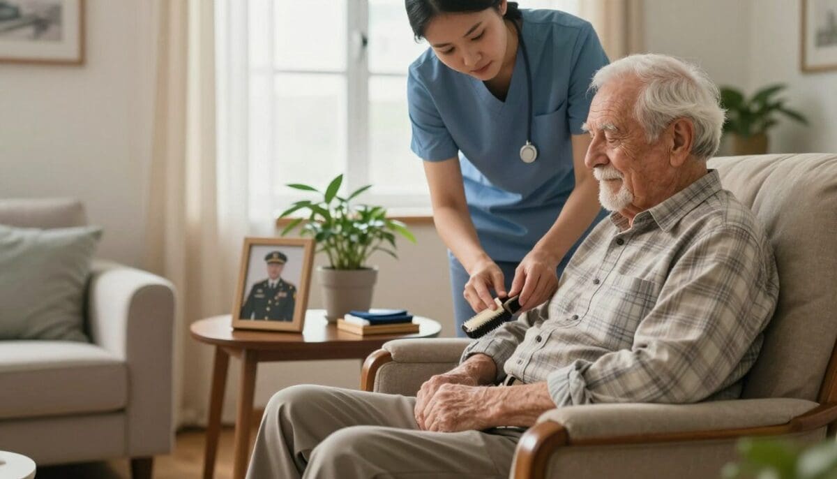 A warm, inviting scene depicting a veteran receiving personal care in a cozy, well-lit living room. In the foreground, an elderly male veteran sits comfortably in a supportive armchair, wearing a simple, modest plaid shirt and relaxed trousers. A compassionate caregiver, dressed in smart, casual attire, assists him with daily activities, such as grooming or organizing personal items. In the middle ground, a small table holds a framed photo of the veteran in uniform alongside a potted plant, symbolizing care and remembrance. The background features soft, natural light pouring in through a window, creating a serene atmosphere filled with calm and support. The overall mood is uplifting, reflecting dignity, respect, and the importance of personal care for those who served.