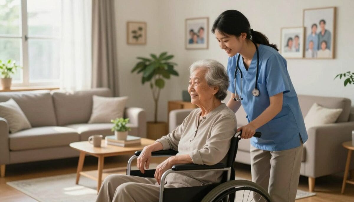 A warm, inviting scene depicting compassionate home health caregivers providing support to a senior adult. In the foreground, a caregiver in modest casual clothing smiles gently while assisting an elderly person in a wheelchair, who appears comfortable and at ease. The middle ground features a softly lit living room with cozy furniture, houseplants, and family photos, creating a homely atmosphere. In the background, a window allows natural light to flood the space, enhancing the feelings of warmth and care. The image should evoke a sense of dignity and support, illustrating a nurturing environment where personal care is delivered with heart. The overall mood is peaceful and reassuring, capturing the essence of a dedicated caregiving experience.