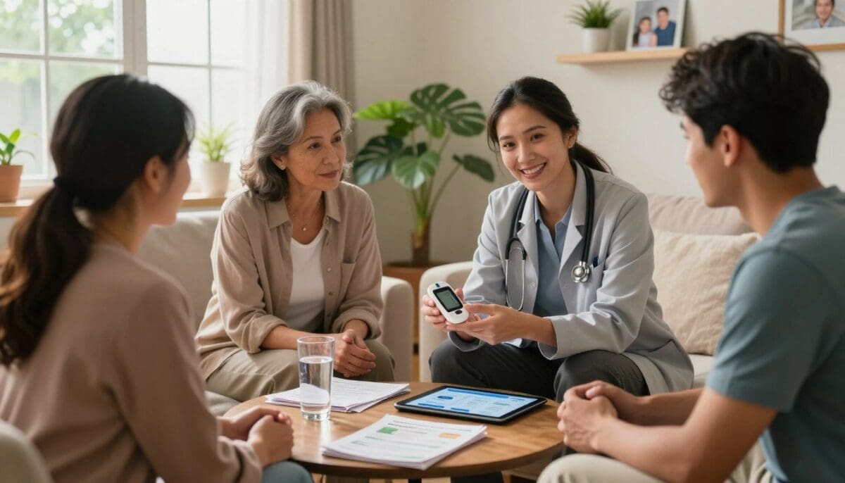 A warm, inviting scene of a professional diabetes support consultation in a cozy living room in San Antonio. In the foreground, a diverse group of three individuals—one healthcare professional in business attire and two patients, a middle-aged woman and a young man dressed in casual yet modest clothing—are engaged in a friendly discussion. The healthcare professional is demonstrating a glucose monitor with a reassuring smile. In the middle, a table with health pamphlets, a tablet showing diabetes management apps, and a glass of water creates an informative atmosphere. The background features soft, natural lighting from a nearby window, vibrant house plants, and family photos, conveying a sense of home comfort. The overall mood is supportive and encouraging, reflecting a positive environment for managing diabetes.