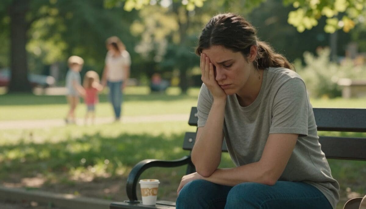 A weary caregiver sits on a bench in a softly lit park, wearing modest casual clothing, with a tired expression that conveys emotional exhaustion. In the foreground, a half-empty coffee cup rests beside them, symbolizing their need for self-care. The middle ground features a lush green garden, blurred slightly to focus on the caregiver's expression, with warm sunlight filtering through tree leaves, casting gentle shadows. In the background, a distant family plays together, highlighting the caregiver's isolation despite being surrounded by life. The atmosphere is heavy yet poignant, capturing the weight of caregiver burnout and the importance of recognizing one's own needs. Use a shallow depth of field to enhance emotional focus, with a warm color palette to evoke a sense of empathy. A weary caregiver sits on a bench in a softly lit park, wearing modest casual clothing, with a tired expression that conveys emotional exhaustion. In the foreground, a half-empty coffee cup rests beside them, symbolizing their need for self-care. The middle ground features a lush green garden, blurred slightly to focus on the caregiver's expression, with warm sunlight filtering through tree leaves, casting gentle shadows. In the background, a distant family plays together, highlighting the caregiver's isolation despite being surrounded by life. The atmosphere is heavy yet poignant, capturing the weight of caregiver burnout and the importance of recognizing one's own needs. Use a shallow depth of field to enhance emotional focus, with a warm color palette to evoke a sense of empathy.