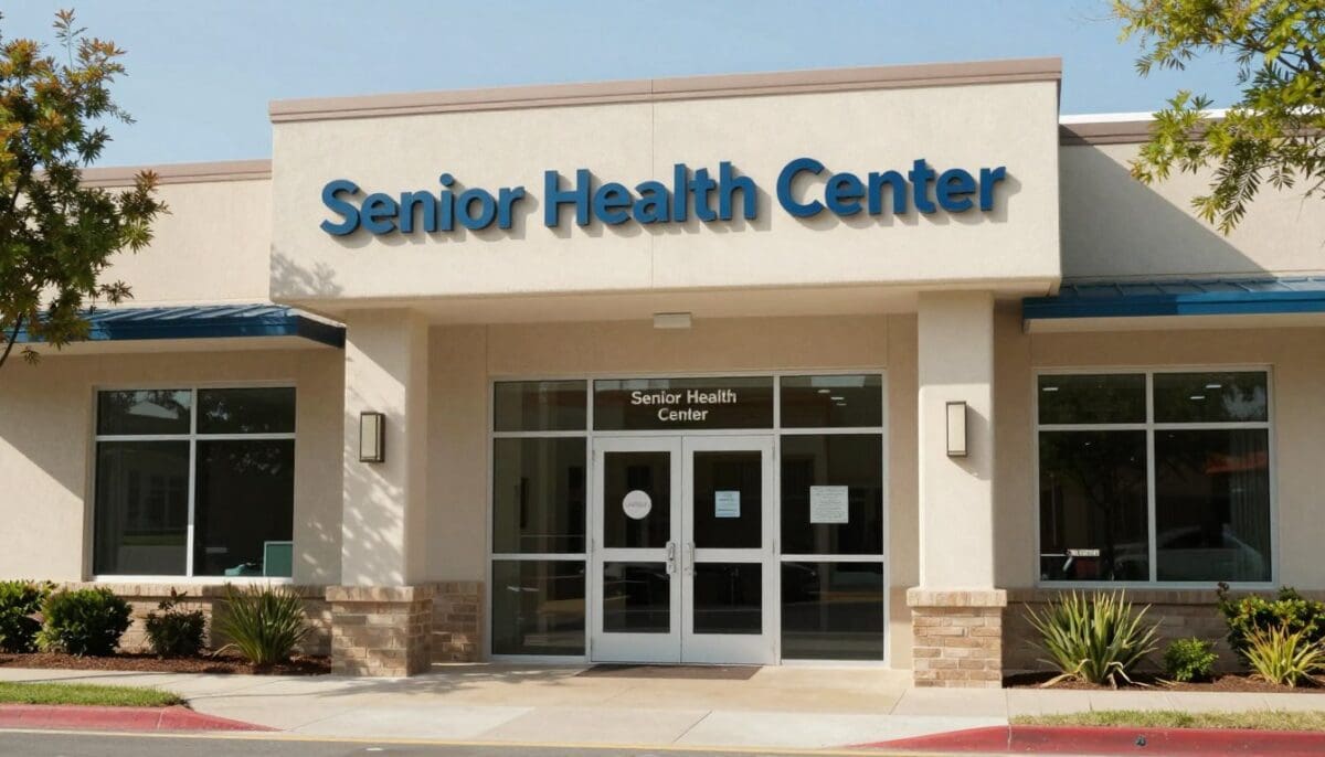A welcoming San Antonio medical clinic exterior with a sign saying 'Senior Health Center', sunny day, professional architectural photography.