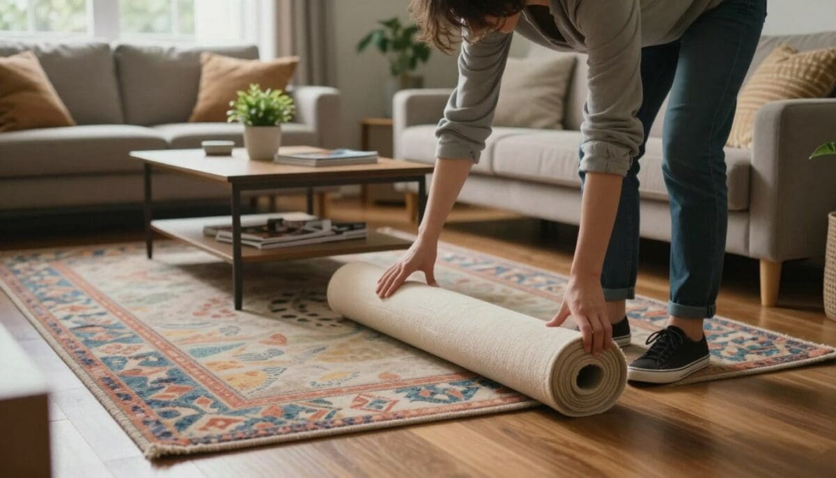 A well-lit living room scene focused on a person in modest casual clothing actively removing tripping hazards from the floor. In the foreground, show a colorful area rug being rolled up, revealing a clean wooden floor beneath. In the middle ground, a coffee table with magazines and a small plant is carefully adjusted to ensure ample walking space. In the background, natural light filters through a large window, illuminating the room's inviting atmosphere, with a comfortable sofa and decorative cushions. The camera angle should be slightly elevated, capturing the entire room's layout and emphasizing safety and accessibility. The overall mood is calm, organized, and peaceful, reflecting the importance of a hazard-free living environment.