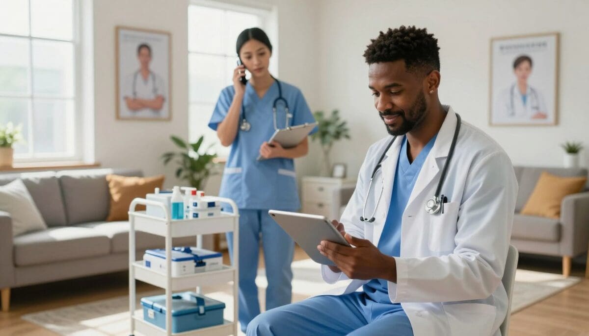 A well-lit, modern home health care office scene illustrating emergency support services. In the foreground, a diverse healthcare professional in scrubs and a lab coat, exuding confidence and compassion, is shown using a tablet to check emergency protocols. In the middle ground, a nurse is on a phone, ready to provide assistance, while a neatly organized supply cart with medical equipment is present. The background features a cozy waiting area with healthcare posters and comfortable seating. Soft, natural light streams in from large windows, creating a welcoming atmosphere. The overall mood is one of readiness and reassurance, emphasizing 24/7 availability in home health care support settings. A well-lit, modern home health care office scene illustrating emergency support services. In the foreground, a diverse healthcare professional in scrubs and a lab coat, exuding confidence and compassion, is shown using a tablet to check emergency protocols. In the middle ground, a nurse is on a phone, ready to provide assistance, while a neatly organized supply cart with medical equipment is present. The background features a cozy waiting area with healthcare posters and comfortable seating. Soft, natural light streams in from large windows, creating a welcoming atmosphere. The overall mood is one of readiness and reassurance, emphasizing 24/7 availability in home health care support settings.