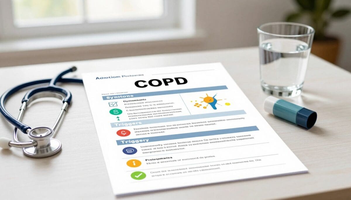 A well-organized COPD action plan worksheet displayed prominently in a professional setting. In the foreground, the worksheet features clearly defined sections for symptoms, medications, triggers, and emergency contacts, illustrated with colorful icons for visual appeal. The middle ground showcases a tidy desk with a stethoscope, inhaler, and a glass of water, emphasizing a health-focused environment. The background includes a softly lit window, allowing natural light to filter in, enhancing the warmth of the space. The overall mood is encouraging and calming, promoting a sense of safety and organization for patients managing their COPD. The composition should be well-balanced, with an emphasis on the worksheet as the focal point, ensuring clarity and accessibility without any text or distractions. A well-organized COPD action plan worksheet displayed prominently in a professional setting. In the foreground, the worksheet features clearly defined sections for symptoms, medications, triggers, and emergency contacts, illustrated with colorful icons for visual appeal. The middle ground showcases a tidy desk with a stethoscope, inhaler, and a glass of water, emphasizing a health-focused environment. The background includes a softly lit window, allowing natural light to filter in, enhancing the warmth of the space. The overall mood is encouraging and calming, promoting a sense of safety and organization for patients managing their COPD. The composition should be well-balanced, with an emphasis on the worksheet as the focal point, ensuring clarity and accessibility without any text or distractions.