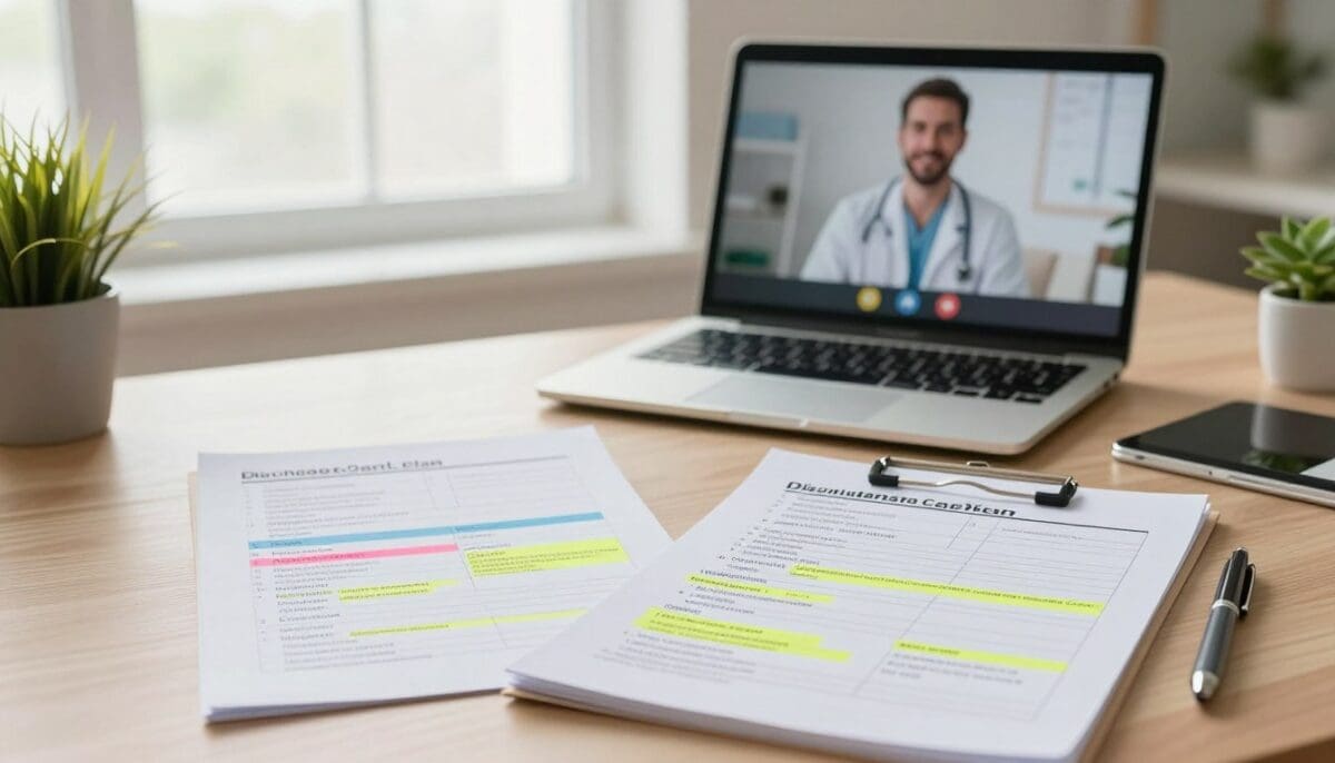 A well-organized, visually appealing medical discharge care plan on a desk, with a clear focus on essential elements like medication lists, follow-up appointments, and rehabilitation resources. In the foreground, detailed sheets of paper with colorful highlight annotations are arranged neatly alongside a pen and a small plant, suggesting a comforting atmosphere. The middle layer features a laptop displaying a video call with a healthcare professional, conveying ongoing support. In the background, a bright window lets in soft, natural light, creating an inviting space that promotes recovery. The mood is optimistic and encouraging, inspiring a sense of hope and continuity in the healing journey.