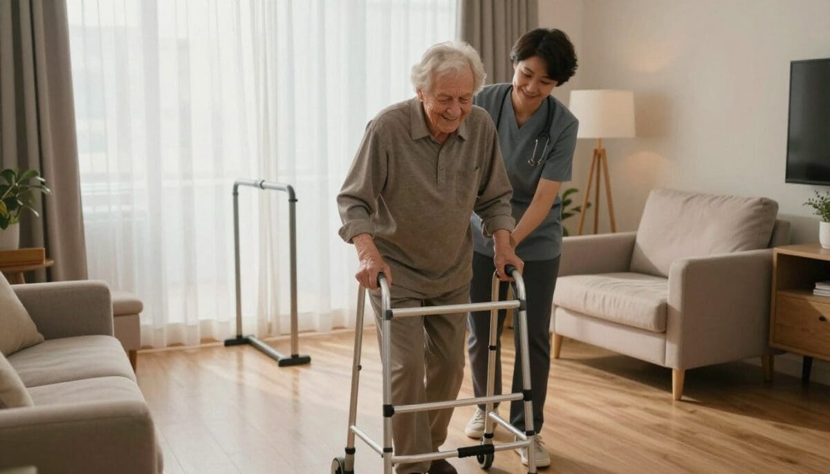 An elderly person using a walker in a well-lit, cozy living room. The foreground features the individual, dressed in modest casual clothing, smiling as they navigate a clear path, demonstrating mobility support. In the middle ground, a caregiver attentively offers assistance, both wearing professional attire that conveys trust and warmth. In the background, light-filtering through sheer curtains reveals a safe home environment, with thoughtfully arranged furniture and mobility aids like grab bars and a sturdy armchair. The scene is bathed in soft, warm lighting to create a comforting atmosphere, evoking a sense of care, safety, and support in a home setting, captured from a slightly elevated angle for perspective. An elderly person using a walker in a well-lit, cozy living room. The foreground features the individual, dressed in modest casual clothing, smiling as they navigate a clear path, demonstrating mobility support. In the middle ground, a caregiver attentively offers assistance, both wearing professional attire that conveys trust and warmth. In the background, light-filtering through sheer curtains reveals a safe home environment, with thoughtfully arranged furniture and mobility aids like grab bars and a sturdy armchair. The scene is bathed in soft, warm lighting to create a comforting atmosphere, evoking a sense of care, safety, and support in a home setting, captured from a slightly elevated angle for perspective.