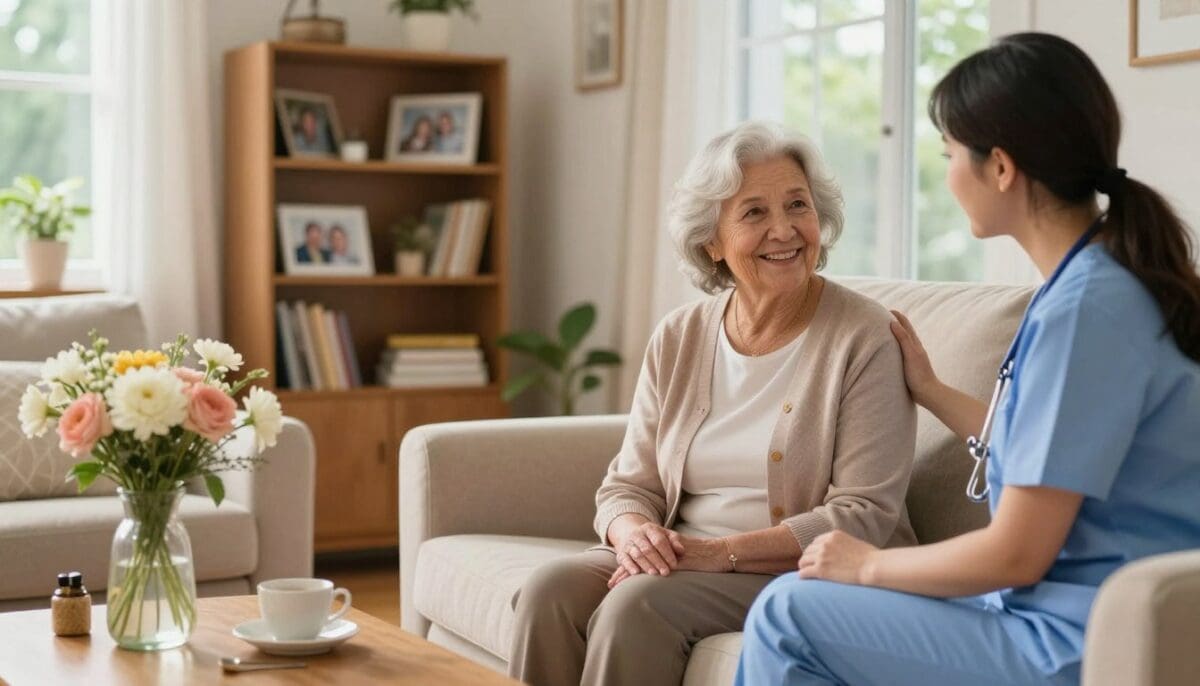 An elderly woman sitting comfortably in a cozy, well-lit living room, surrounded by soft, warm colors. She is engaged in a pleasant conversation with a caregiver, who is dressed in professional yet approachable attire, reflecting kindness and competence. In the foreground, a small table holds a vase of fresh flowers and personal items, symbolizing a homey atmosphere. In the middle ground, a window lets in natural light, enhancing the cheerful ambiance, while a cozy armchair and a bookshelf filled with family photos and books convey a sense of independence and comfort. In the background, gentle greenery is visible through the window, suggesting a peaceful outdoor environment. The overall mood is positive, showcasing the benefits of in-home care, emphasizing trust and compassionate support for seniors.