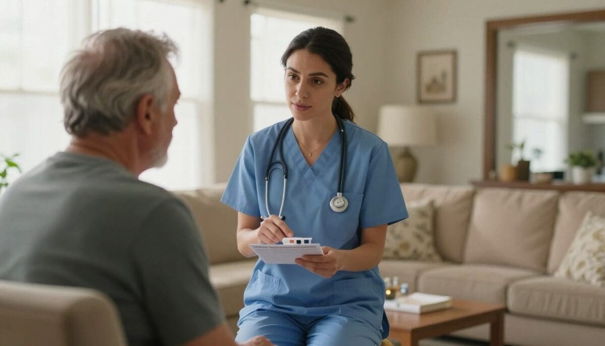 An interior shot of a sunlit San Antonio home where a professional female nurse in blue scrubs is kindly explaining a medication chart to an elderly man. The setting is warm, comfortable, and professional, highlighting a sense of peace and expert medical attention.