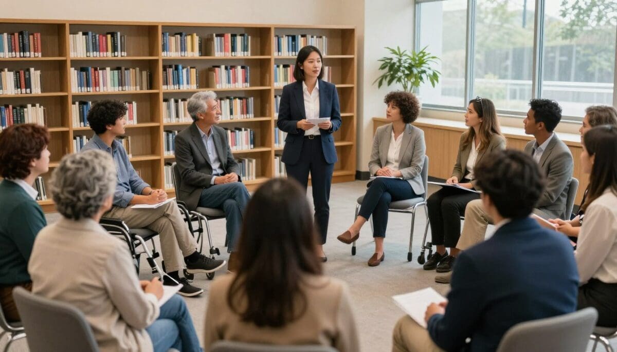 An inviting community room in a San Antonio library where a facilitator is leading an empowering workshop for a small group of family caregivers. An inviting community room in a San Antonio library where a facilitator is leading an empowering workshop for a small group of family caregivers.