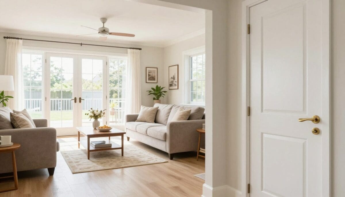 High-quality interior photograph of a modern, accessible living room featuring wide doorways, bright natural lighting, and sleek lever-style door handles, emphasizing a safe and comfortable home environment.