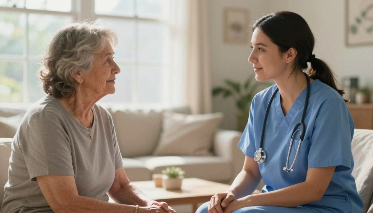 High-resolution, warm photo of a professional caregiver in a neat uniform sitting and talking with an elderly woman in a San Antonio home, sunlight streaming through a window, soft focus background, emphasizing companionship and trust. High-resolution, warm photo of a professional caregiver in a neat uniform sitting and talking with an elderly woman in a San Antonio home, sunlight streaming through a window, soft focus background, emphasizing companionship and trust.