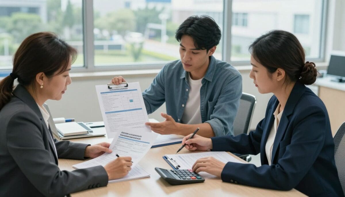 In a well-lit hospital office setting, a diverse group of three professional individuals is engaged in a discussion around a large table. In the foreground, a middle-aged woman in a smart business attire examines a hospital bill and calculator, reflecting deep concentration. The middle section features a young man, casually dressed, presenting a chart on financial assistance options, with supportive gestures. In the background, a large window allows natural light to filter in, revealing an outdoor view of hospital grounds, enhancing a sense of hope and transparency. The mood is focused yet collaborative, emphasizing clarity and understanding in hospital financial matters. The camera angle is slightly elevated to capture the expressions and the details on the table, highlighting an atmosphere of professionalism and approachability.