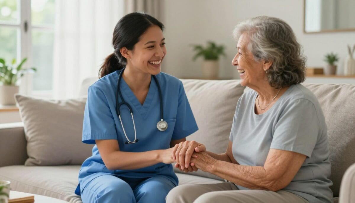 Photorealistic image of a friendly professional caregiver in a blue uniform sitting on a sofa in a sunny San Antonio living room, holding the hand of an elderly woman and laughing together, warm natural lighting, high detail.